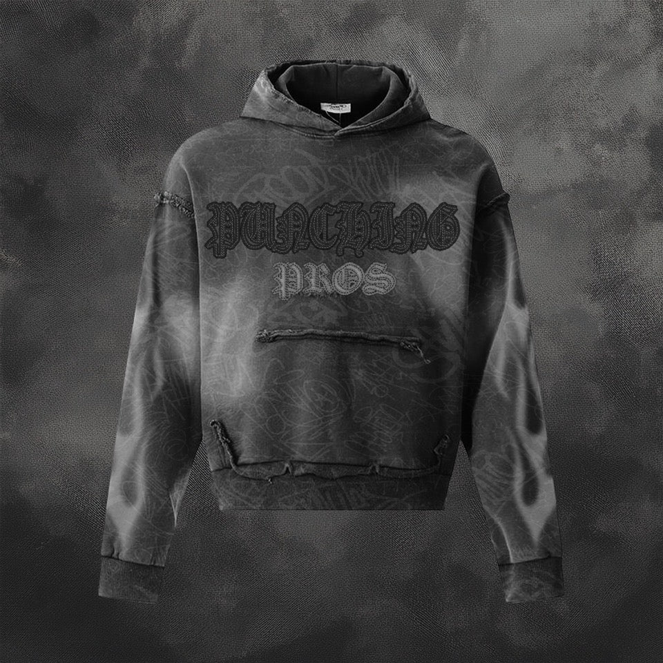 Smoked black “graffiti” unique acid wash hoodie